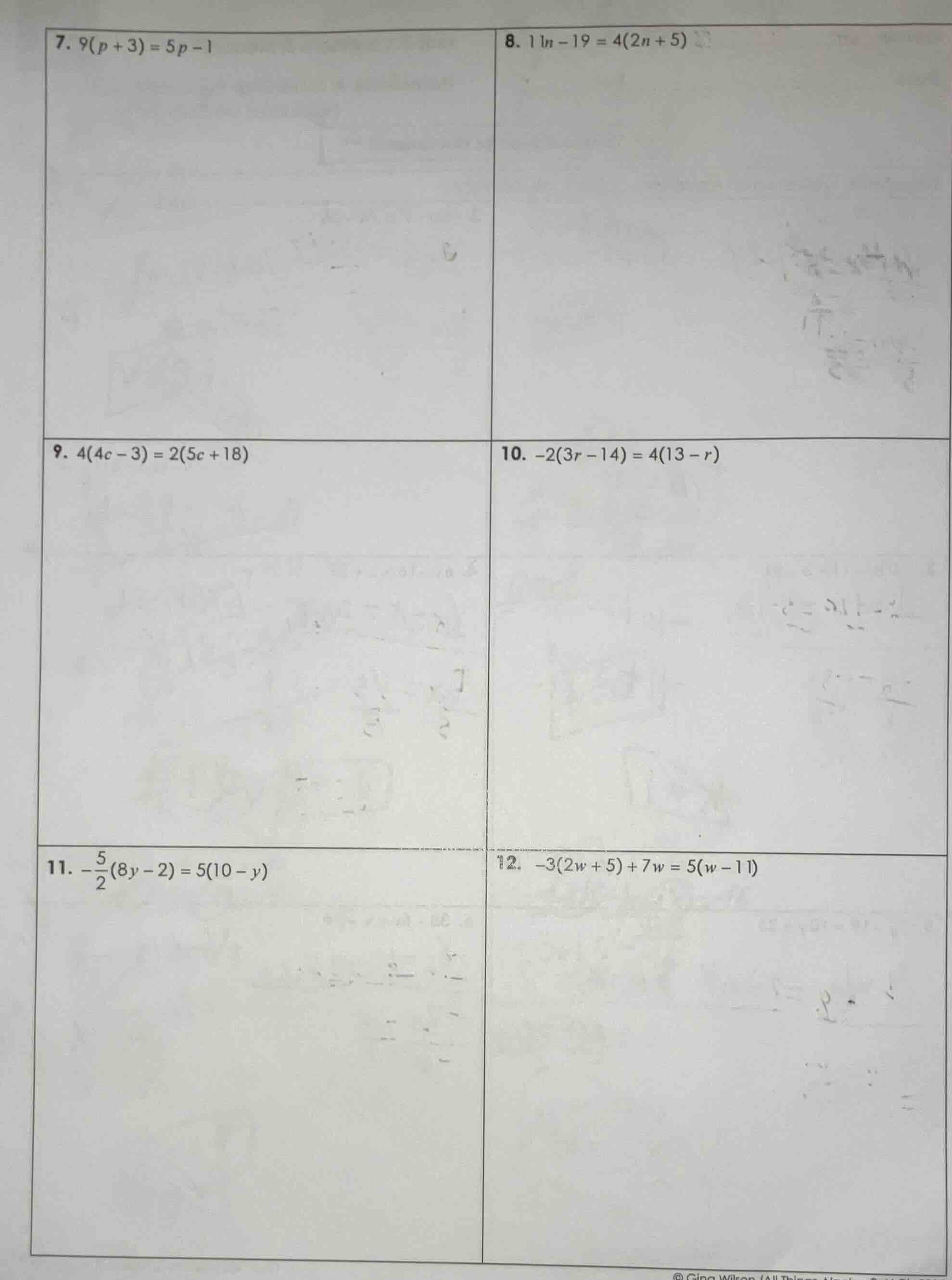 7. $9(p + 3) = 5p - 1$ 8. $11n - 19 = 4(2n + 5)$ 9. $4(4c - 3) = 2(5c +…