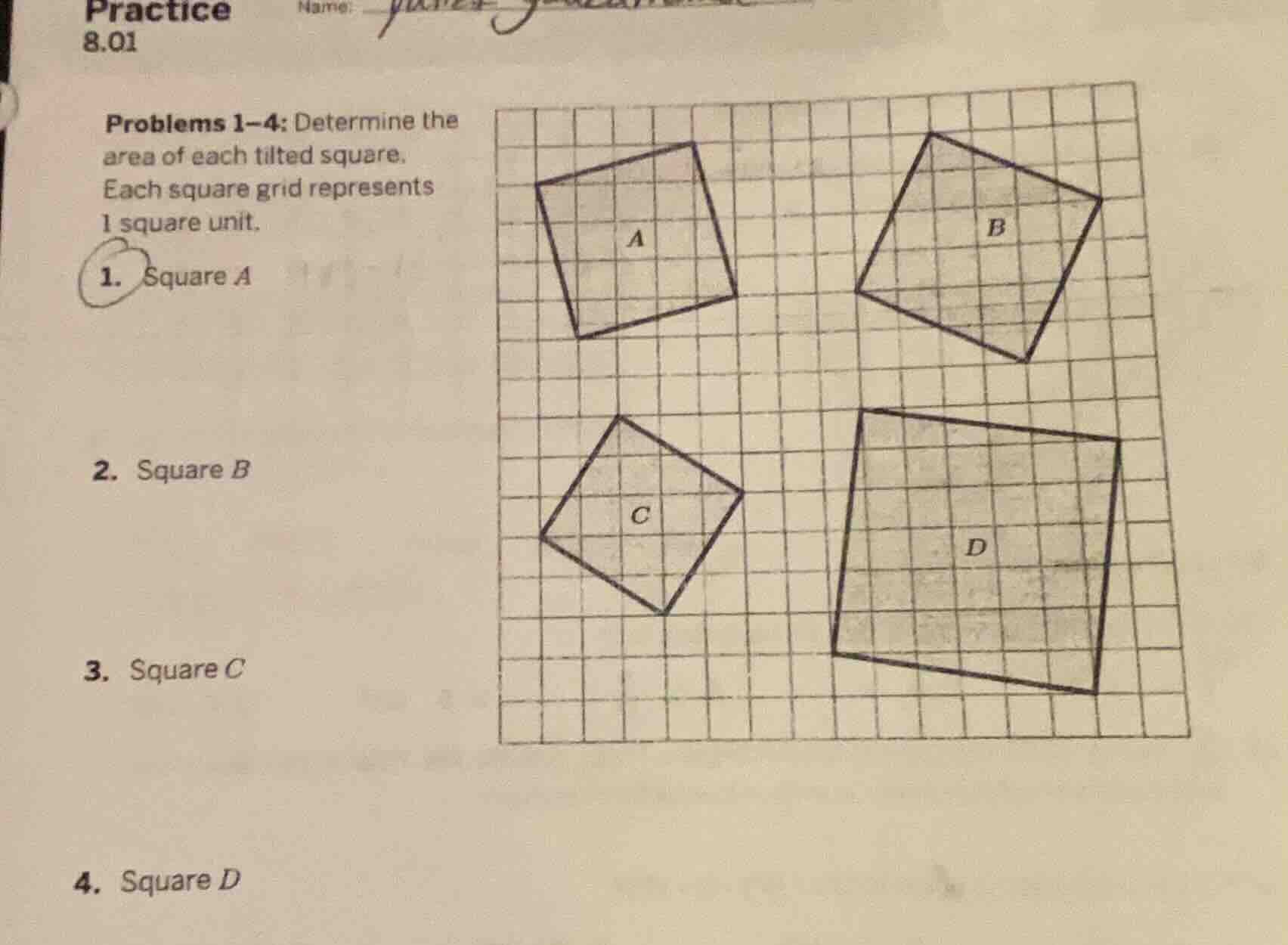practice 8.01 problems 1–4: determine the area of each tilted square. e…