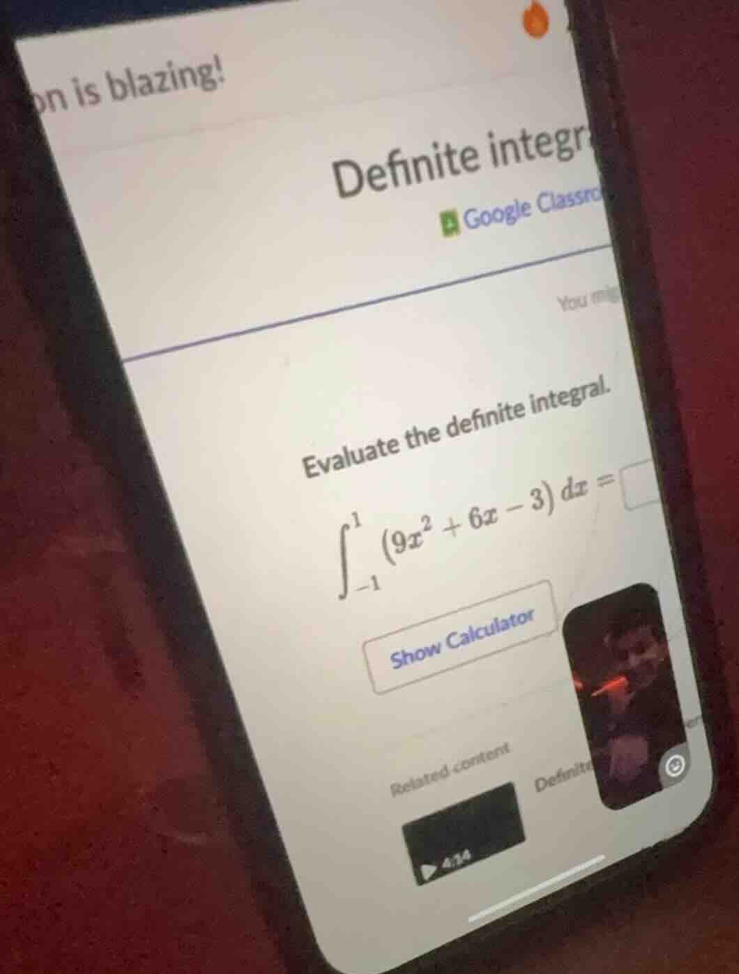evaluate the definite integral. \\(\\int_{-1}^{1} (9x^2 + 6x - 3) dx = …