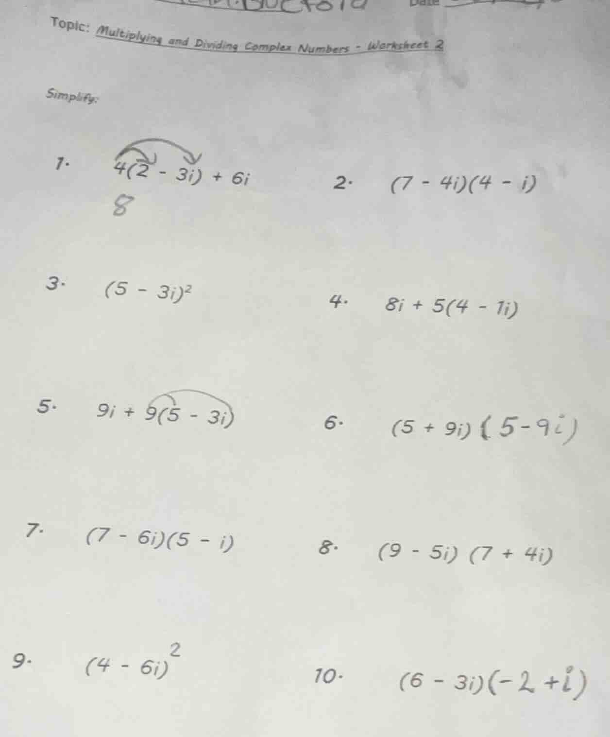 topic: multiplying and dividing complex numbers - worksheet 2 simplify:…