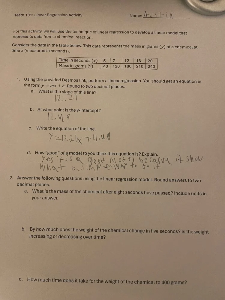 math 131: linear regression activity name:austin for this activity, we …