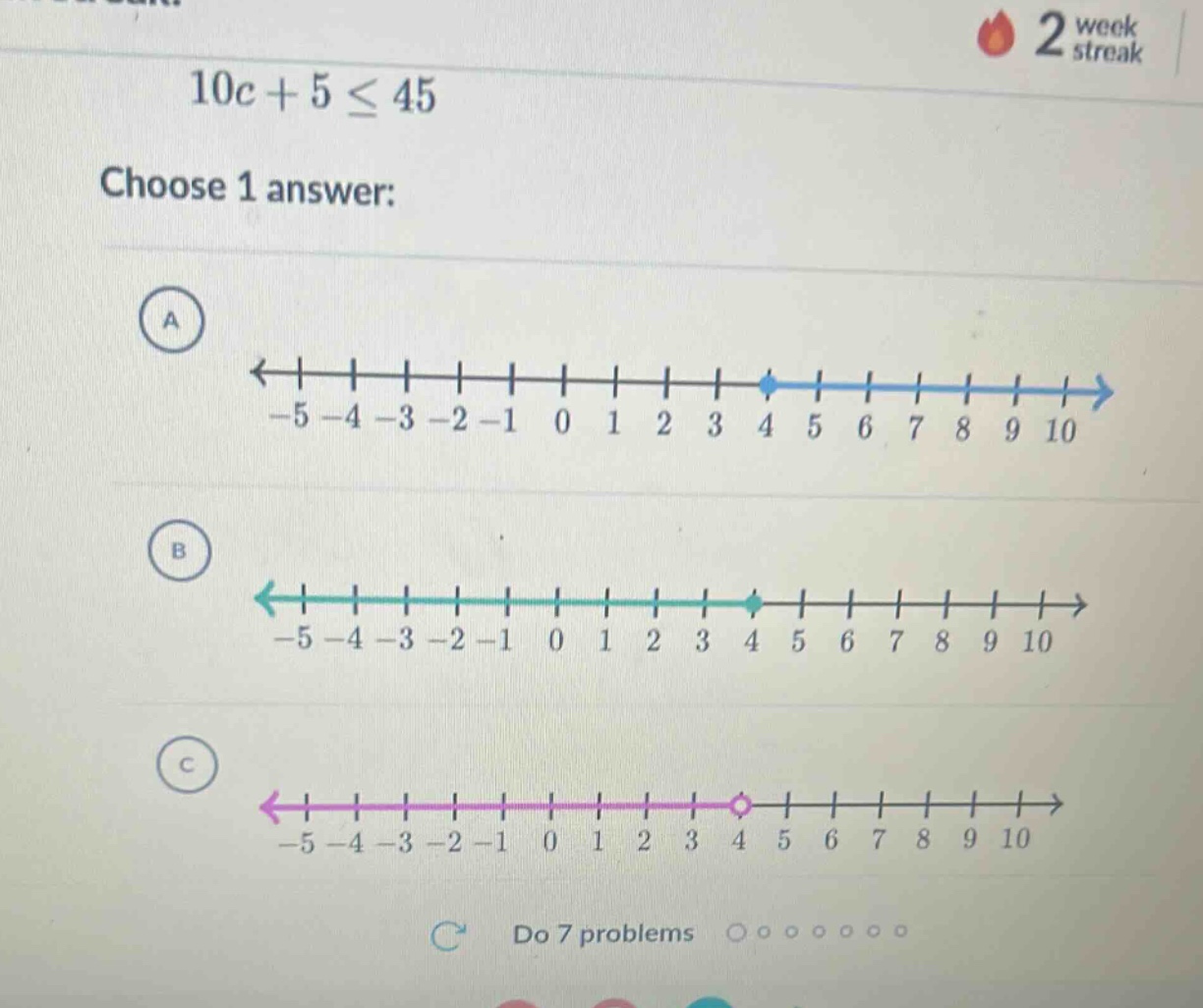 10c + 5 ≤ 45 choose 1 answer: a <---| | | | | | | | | • | | | | |---> -…