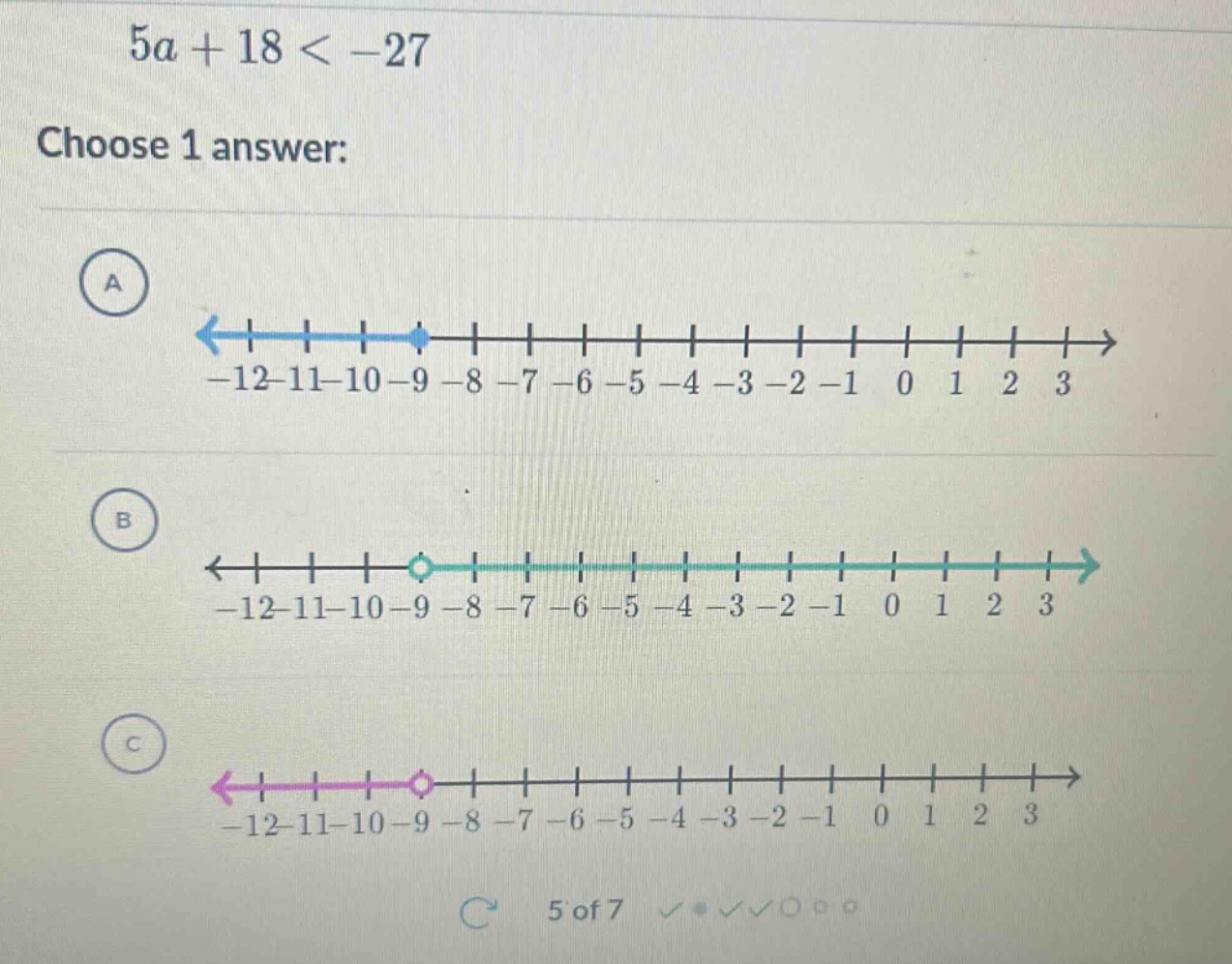 5a + 18 < -27 choose 1 answer: a <----|----|----|--•--|----|----|----|-…