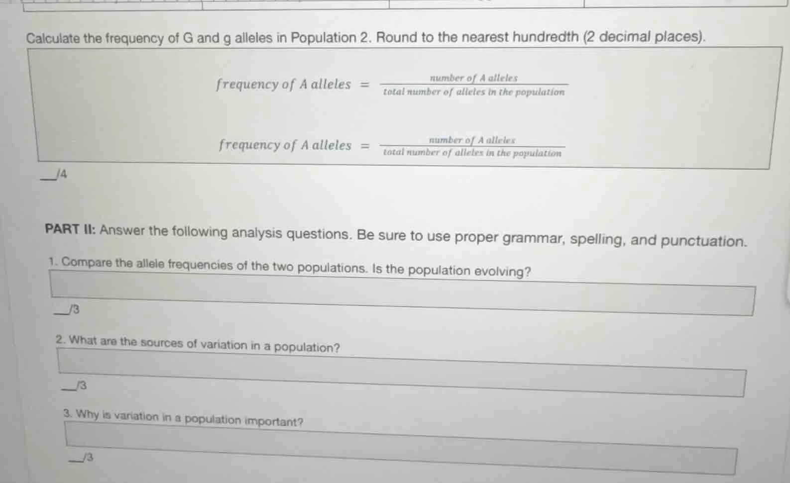 calculate the frequency of g and g alleles in population 2. round to th…