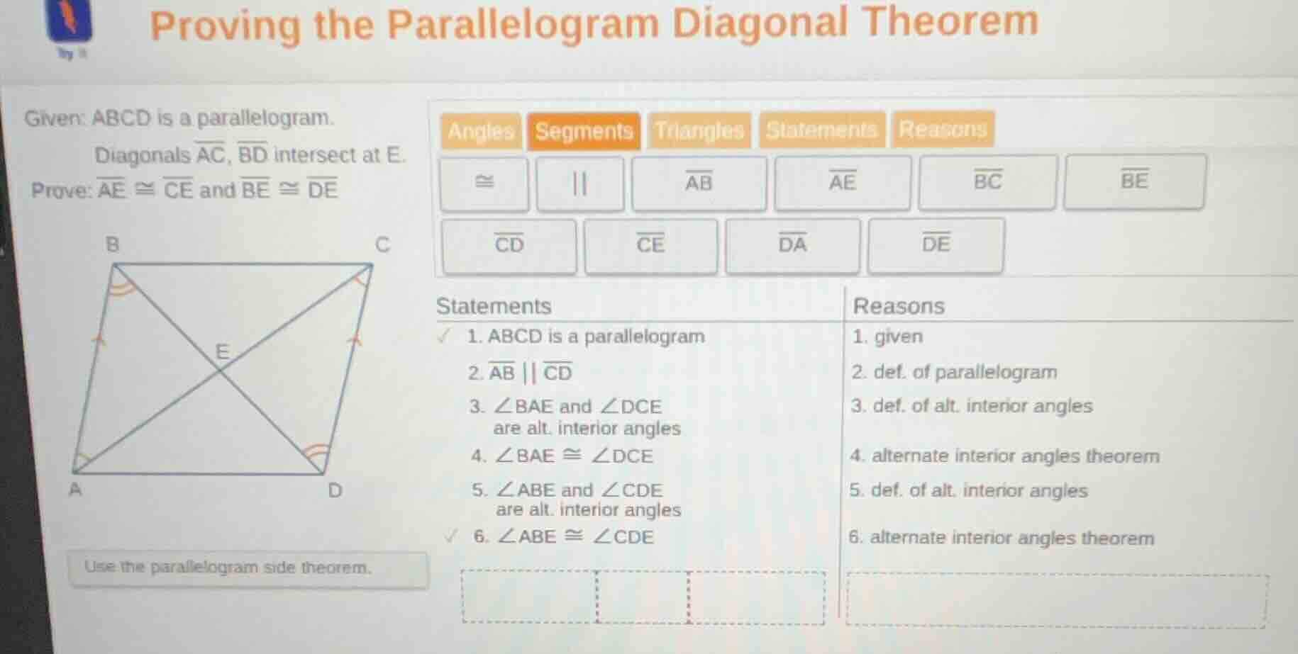 proving the parallelogram diagonal theorem given: abcd is a parallelogr…