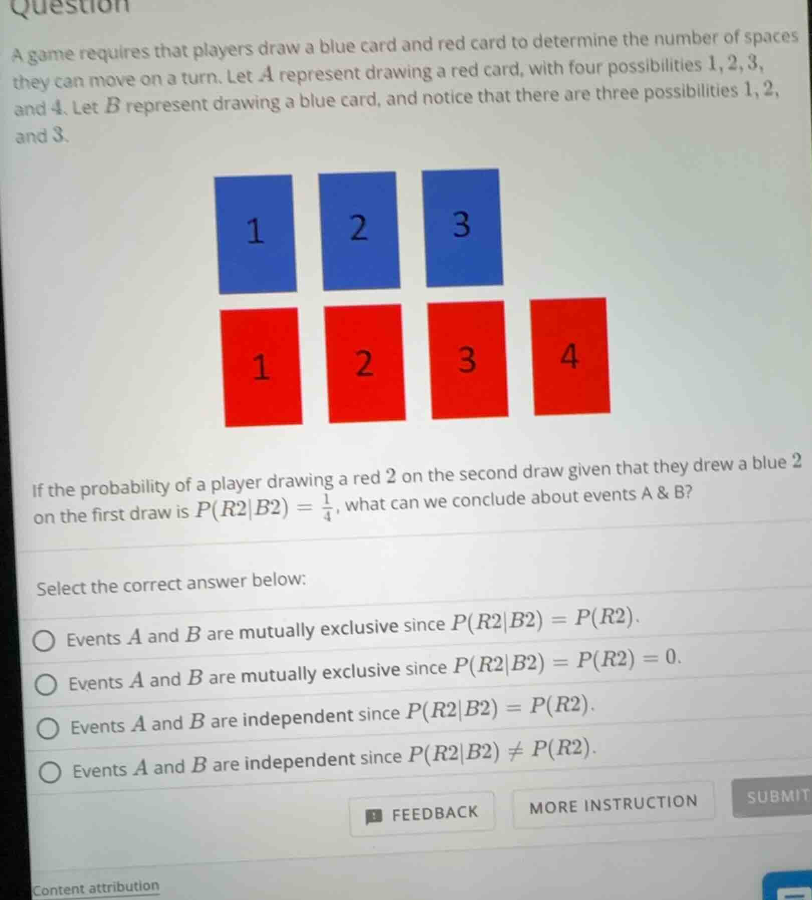 question a game requires that players draw a blue card and red card to …
