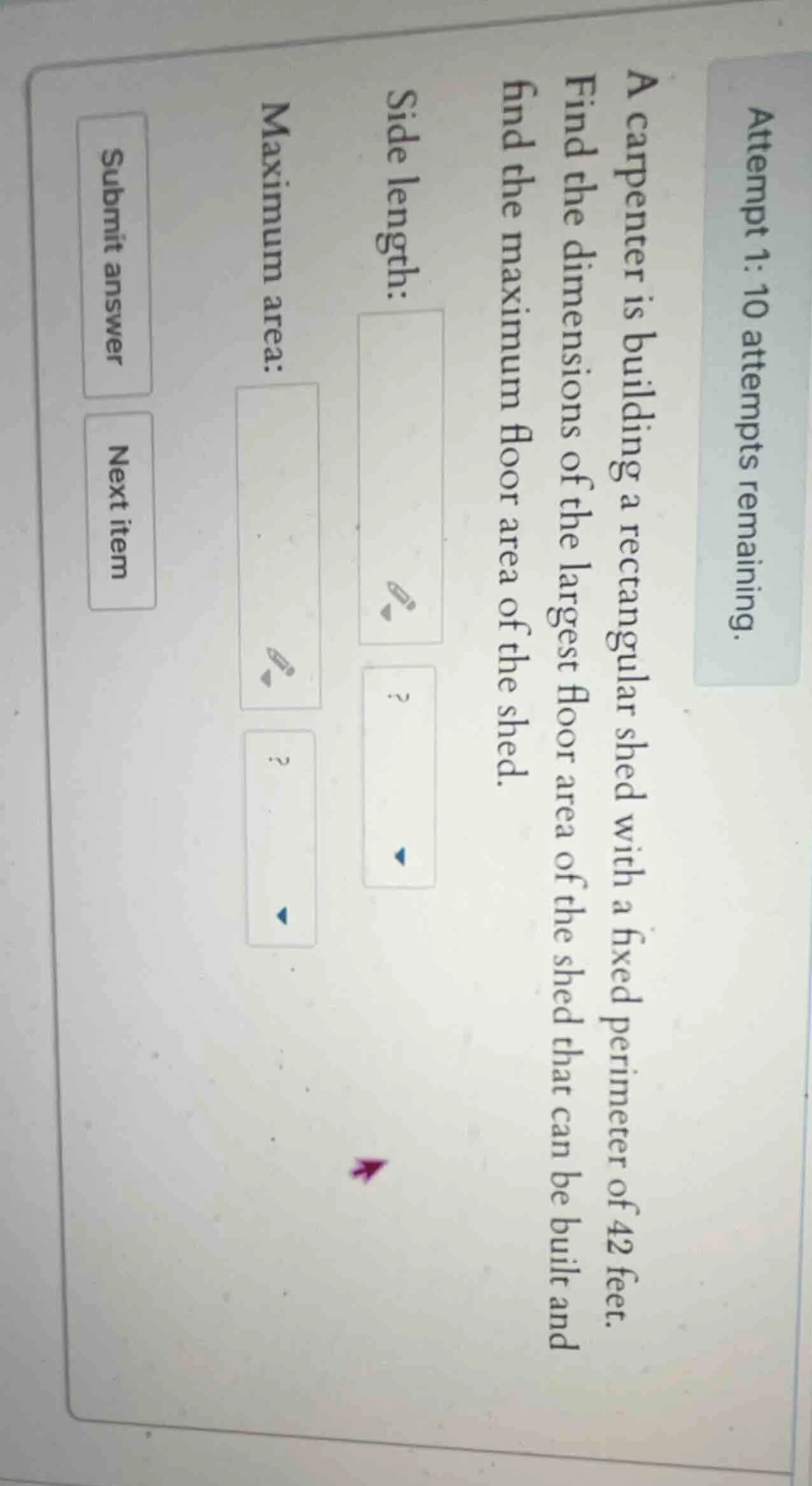 attempt 1: 10 attempts remaining. a carpenter is building a rectangular…