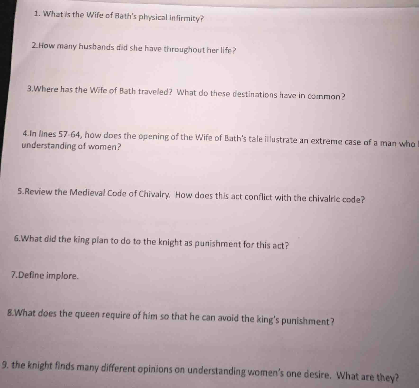 1. what is the wife of bath’s physical infirmity? 2. how many husbands …