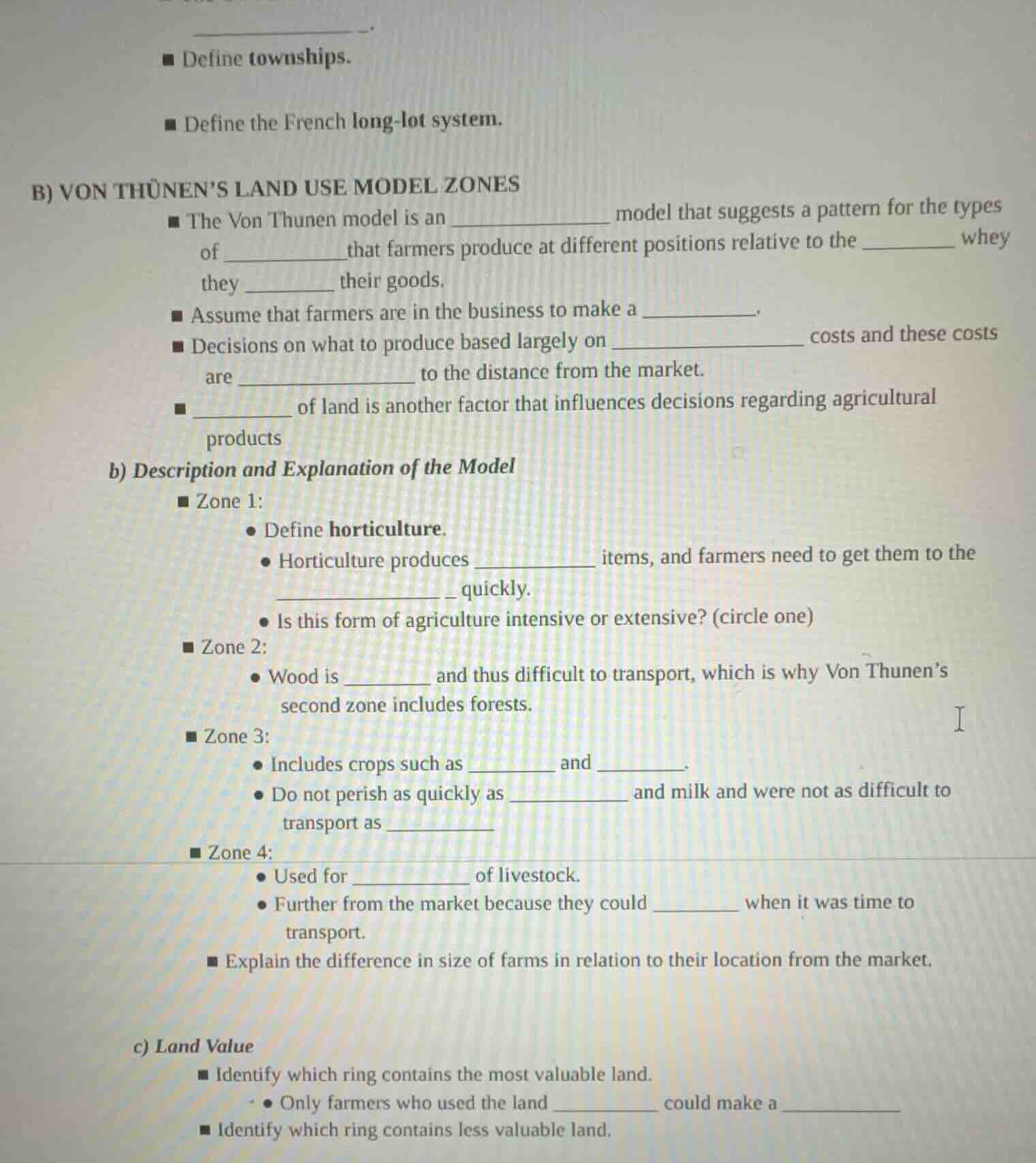 ■ define townships. ■ define the french long - lot system. b) von thüne…
