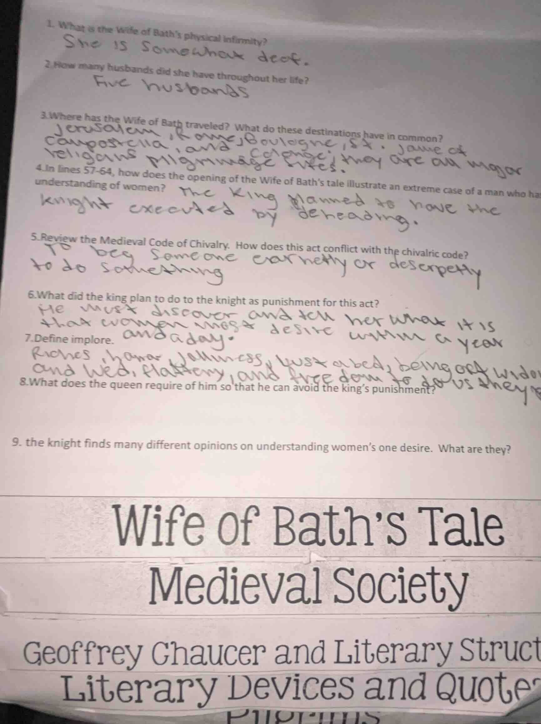 1. what is the wife of bath’s physical infirmity? 2. how many husbands …