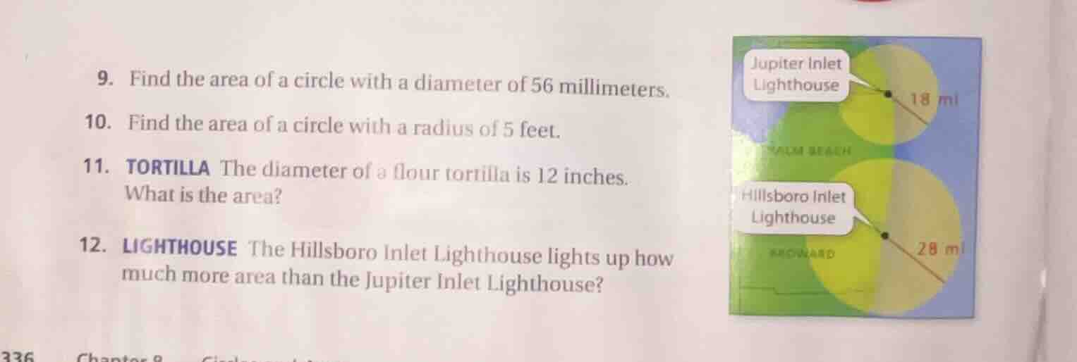 9. find the area of a circle with a diameter of 56 millimeters. 10. fin…