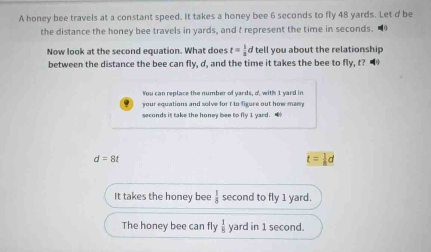 a honey bee travels at a constant speed. it takes a honey bee 6 seconds…