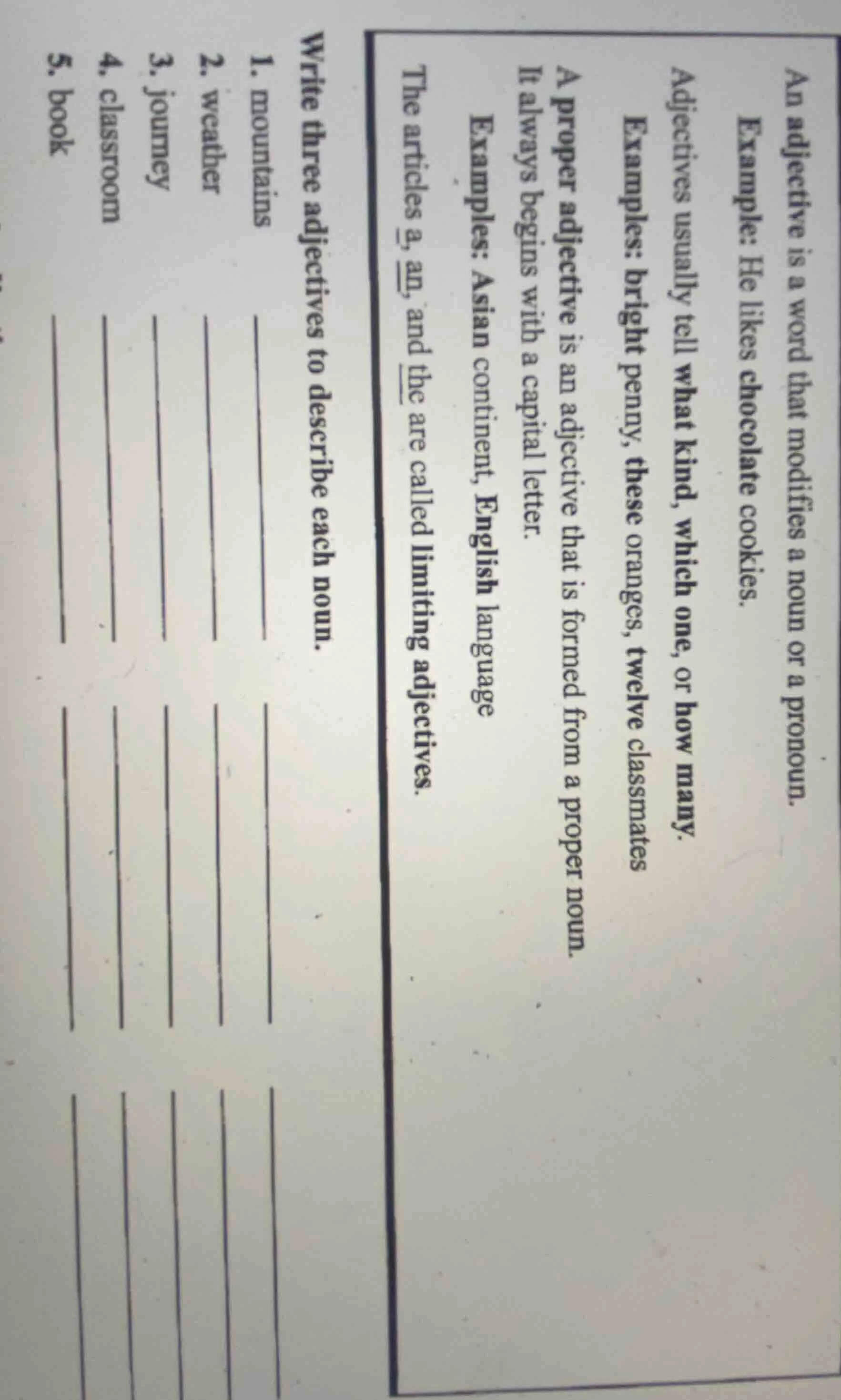 an adjective is a word that modifies a noun or a pronoun. example: he l…