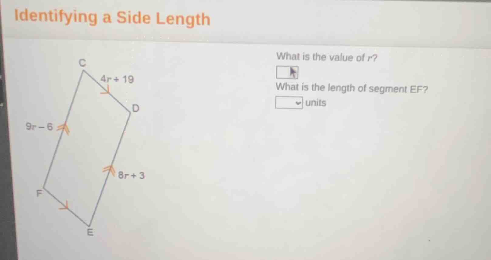 identifying a side length what is the value of r? what is the length of…