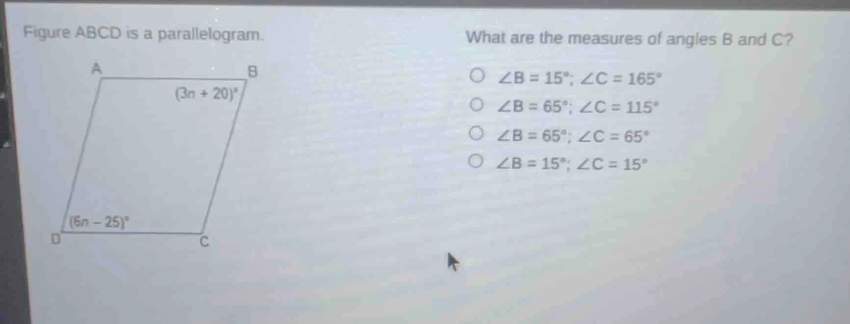 figure abcd is a parallelogram. what are the measures of angles b and c…