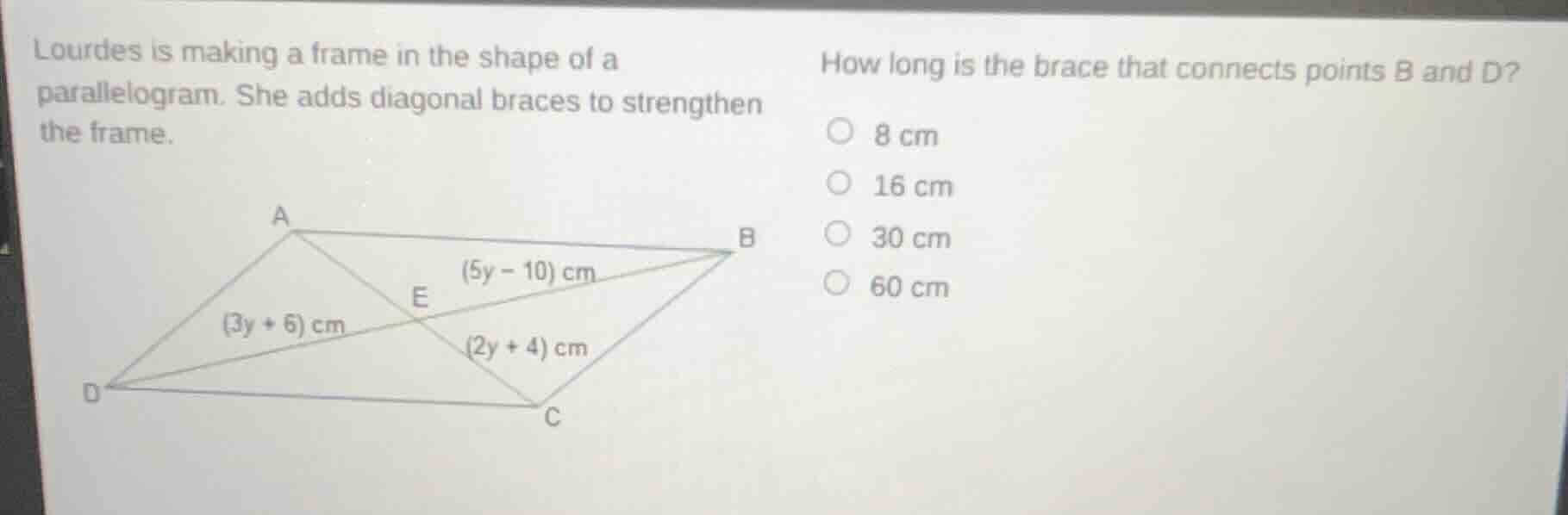 lourdes is making a frame in the shape of a parallelogram. she adds dia…