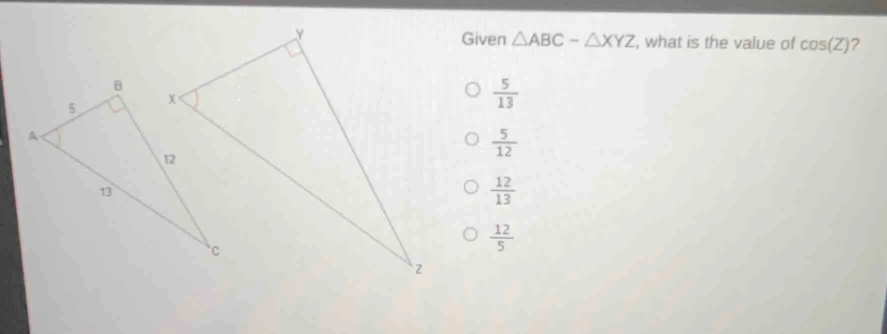 given $\\triangle abc \\sim \\triangle xyz$, what is the value of $\\co…