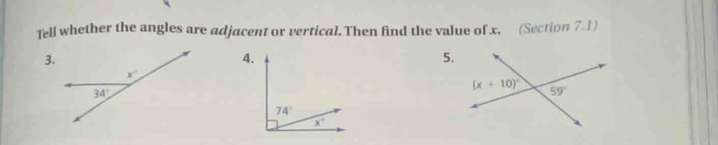 tell whether the angles are adjacent or vertical. then find the value o…