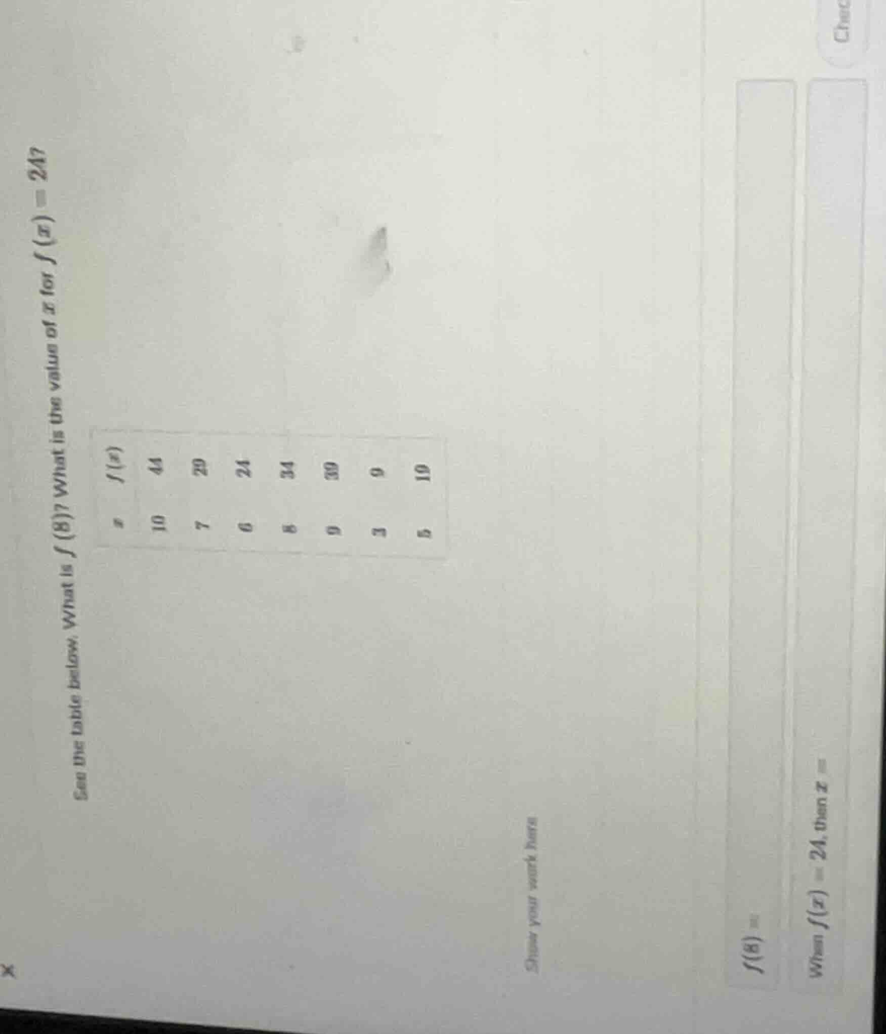 see the table below. what is ( f(8) )? what is the value of ( x ) for (…