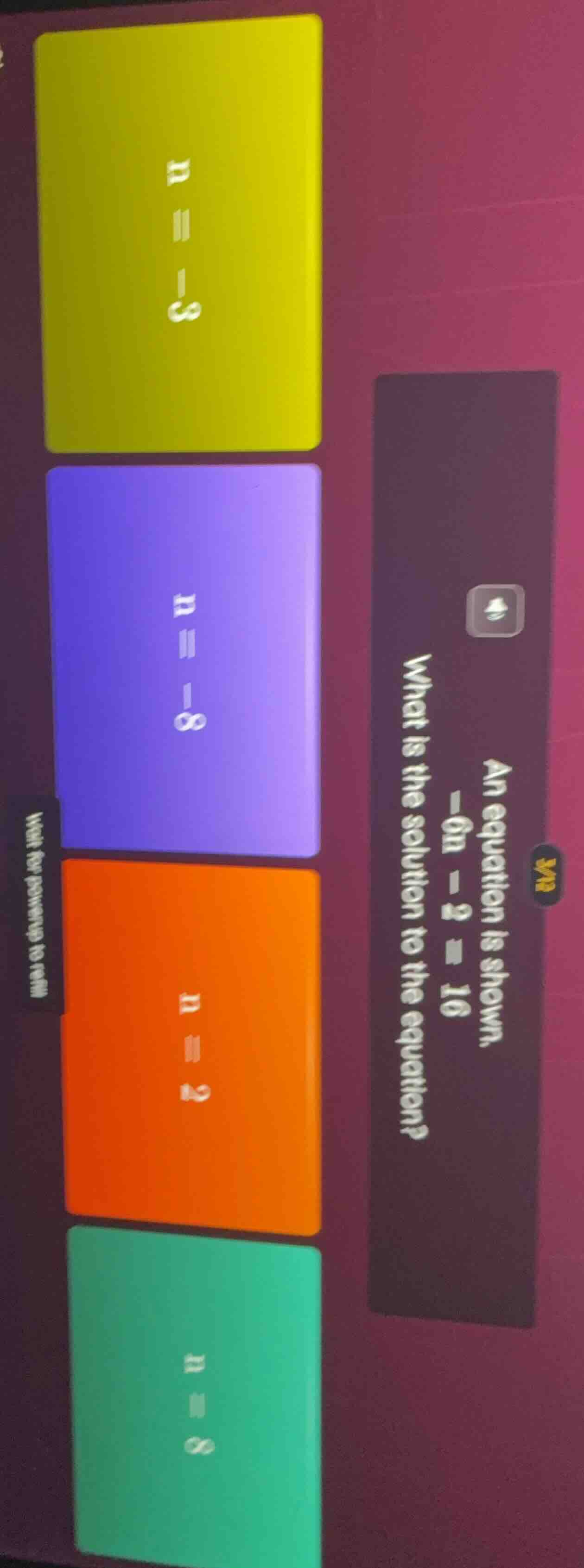 an equation is shown. -6n - 2 = 16 what is the solution to the equation…