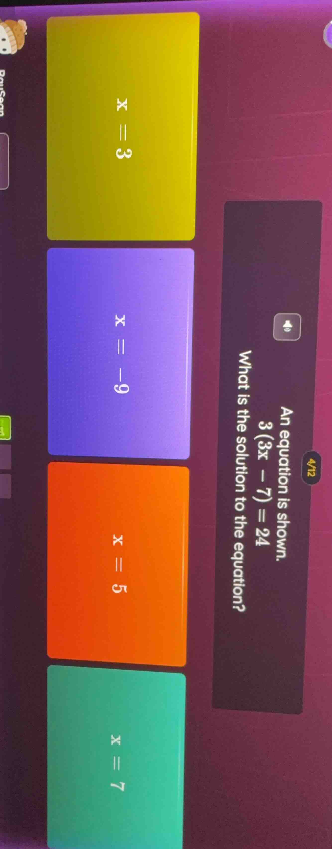 an equation is shown. 3(3x - 7) = 24 what is the solution to the equati…
