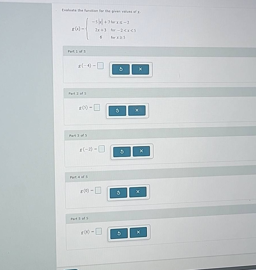 evaluate the function for the given values of x. \\( g(x)=\\begin{cases…