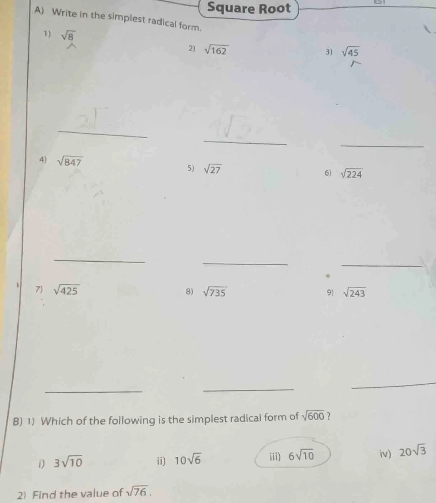 square root a) write in the simplest radical form. 1) $\\sqrt{8}$ 2) $\…