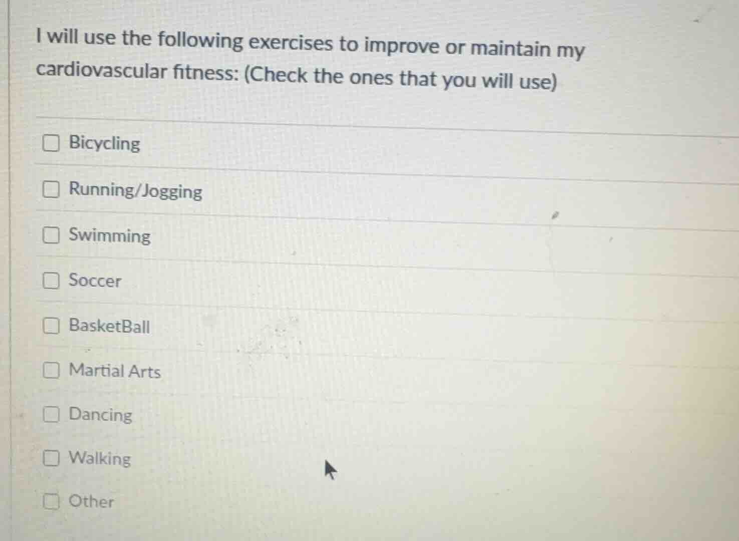 i will use the following exercises to improve or maintain my cardiovasc…