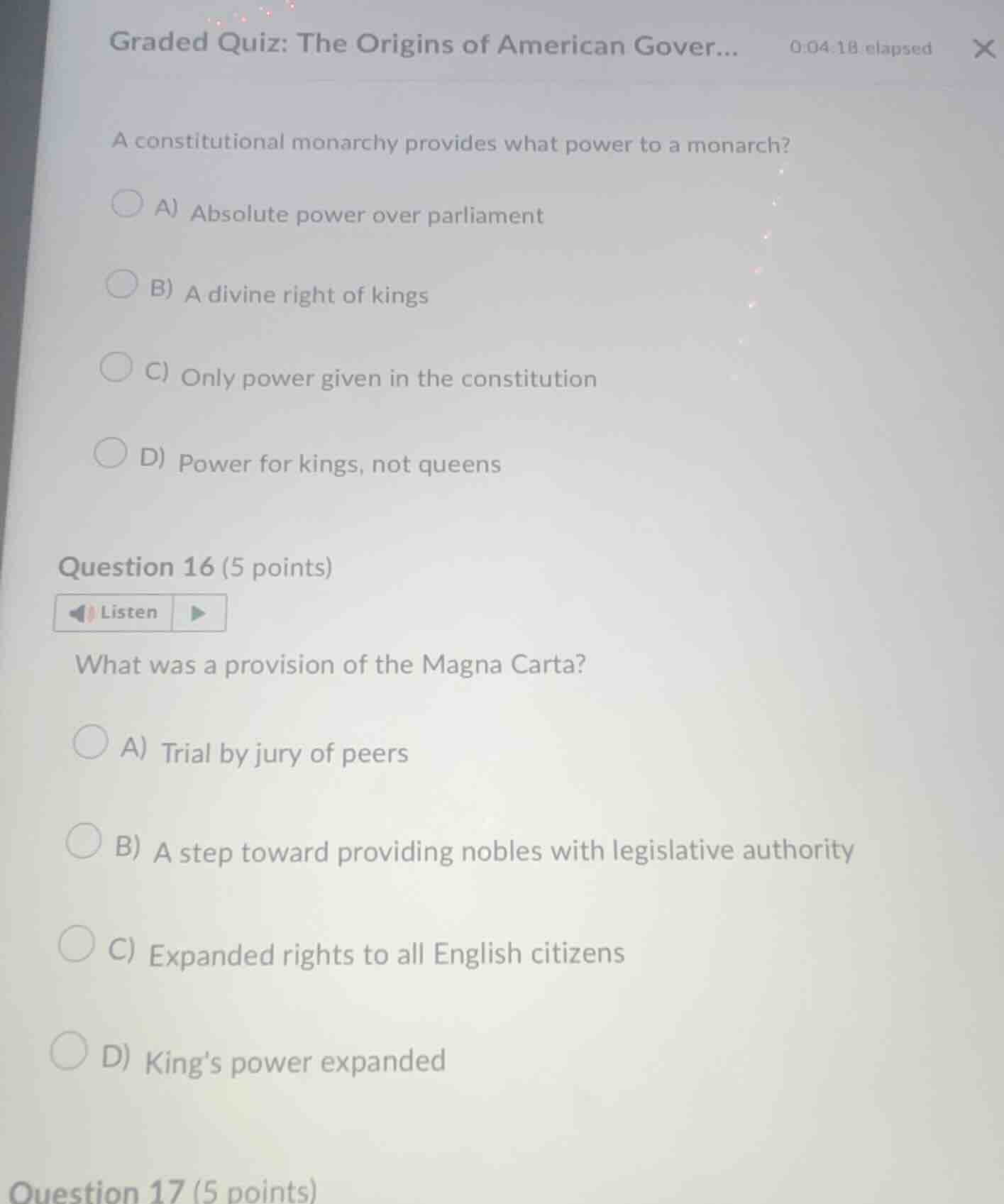 graded quiz: the origins of american gover... 0:04:18 elapsed a constit…