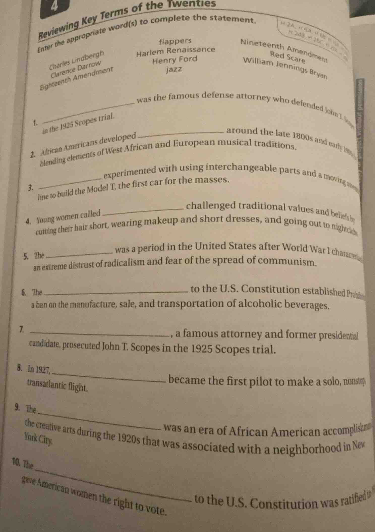 reviewing key terms of the twenties enter the appropriate word(s) to co…