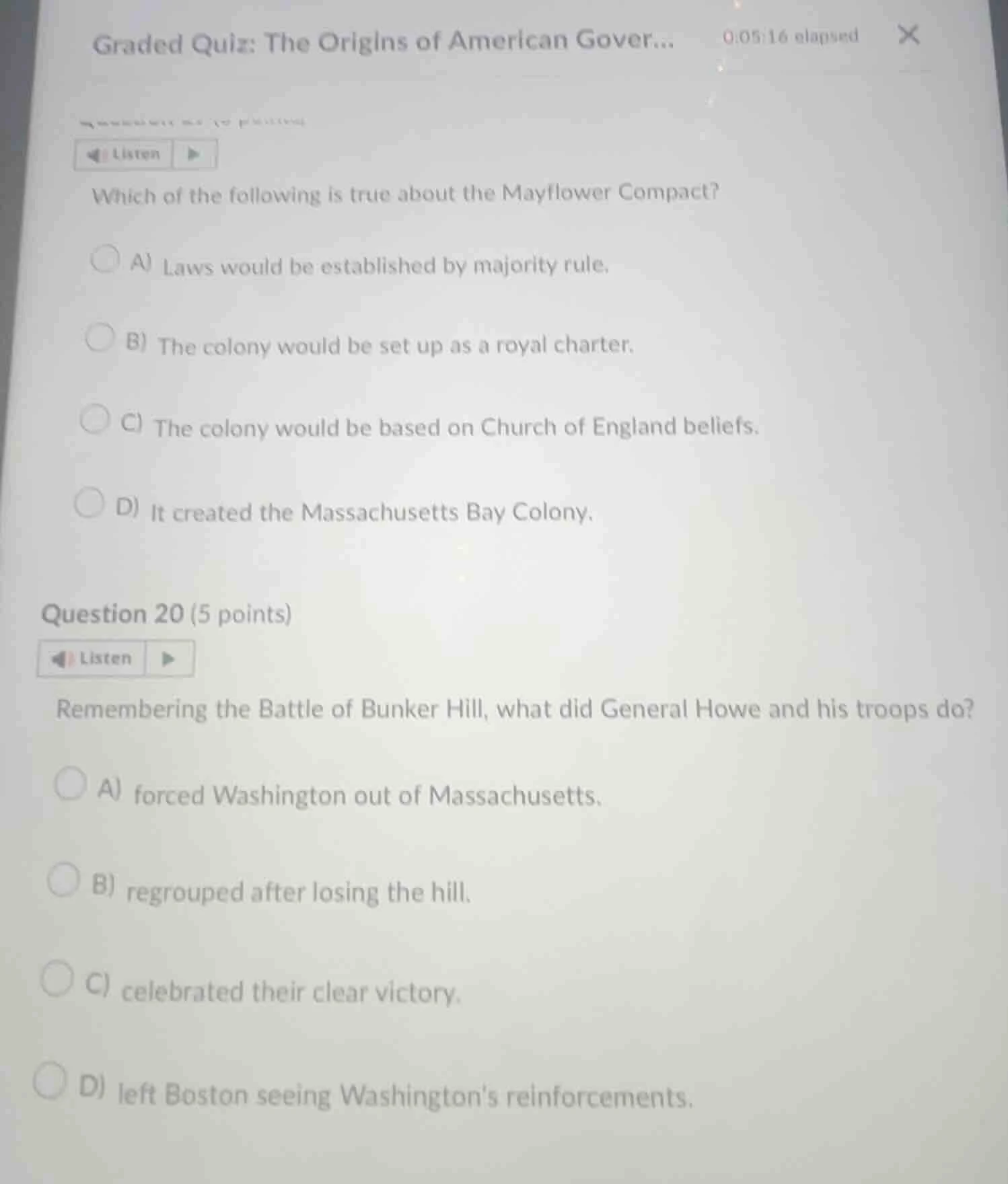 graded quiz: the origins of american gover... 0:05:16 elapsed listen wh…