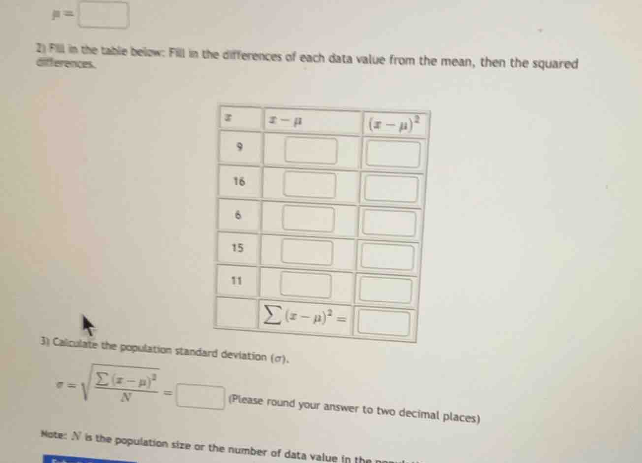 μ = \\boxed{} 2) fill in the table below: fill in the differences of ea…