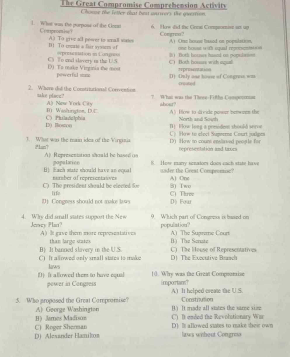 the great compromise comprehension activity choose the letter that best…