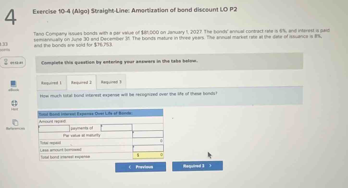 exercise 10-4 (algo) straight-line: amortization of bond discount lo p2…