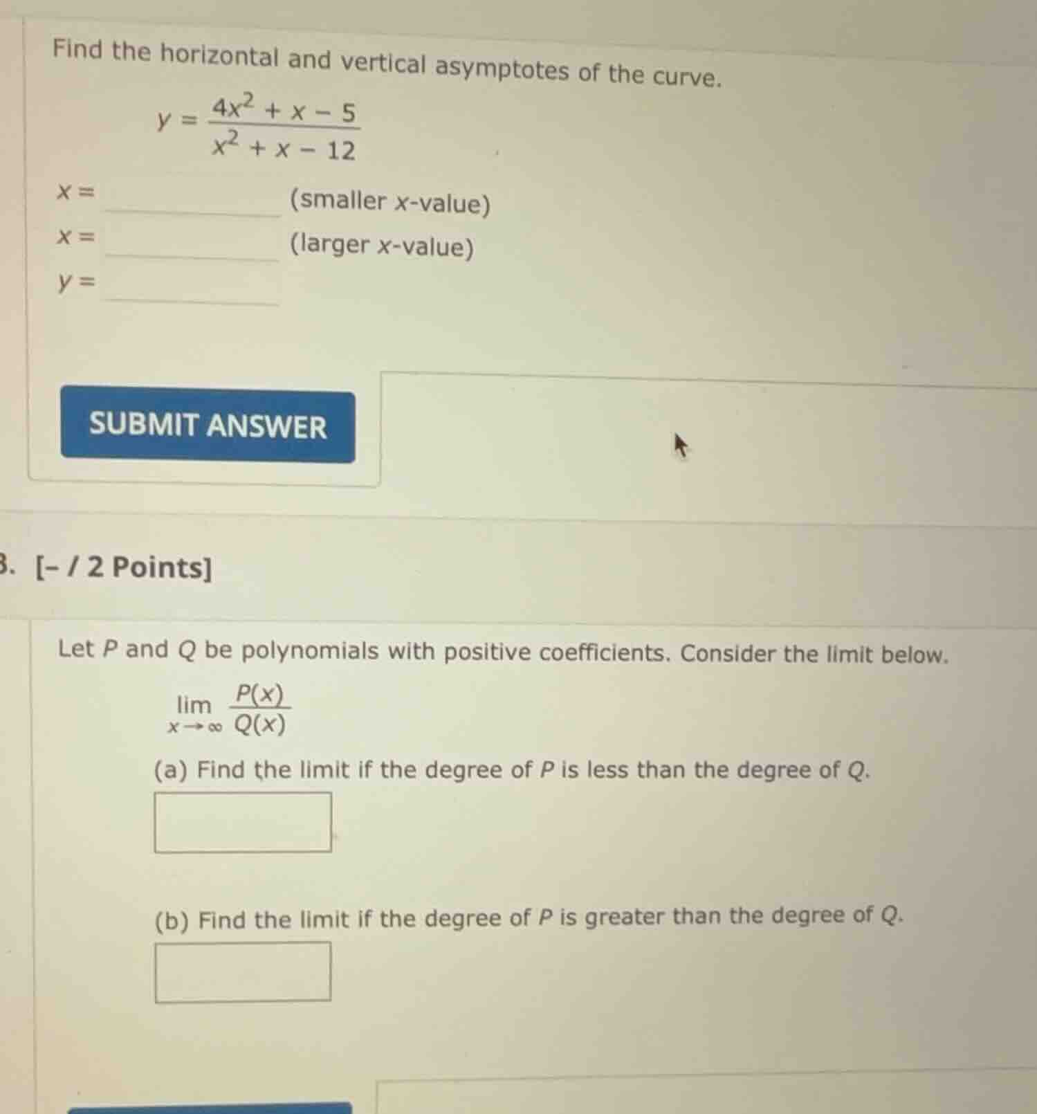 find the horizontal and vertical asymptotes of the curve. $y = \\frac{4…