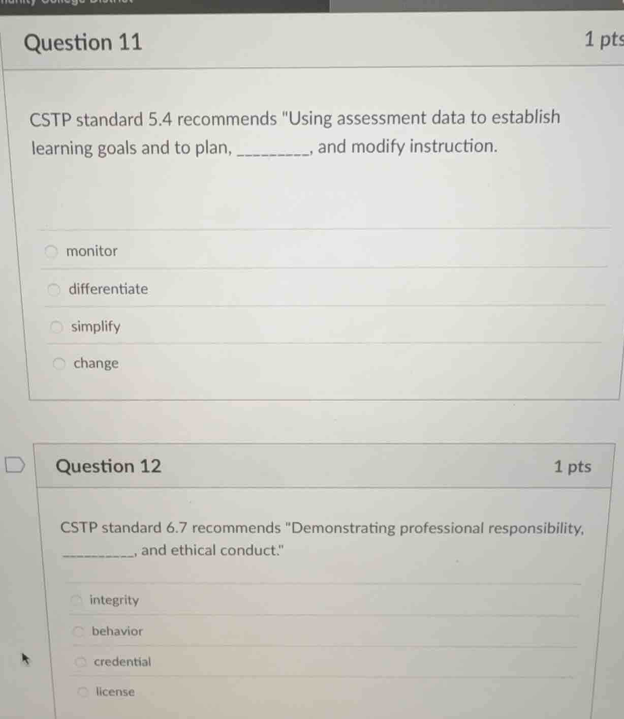 question 11 1 pts cstp standard 5.4 recommends \using assessment data t…