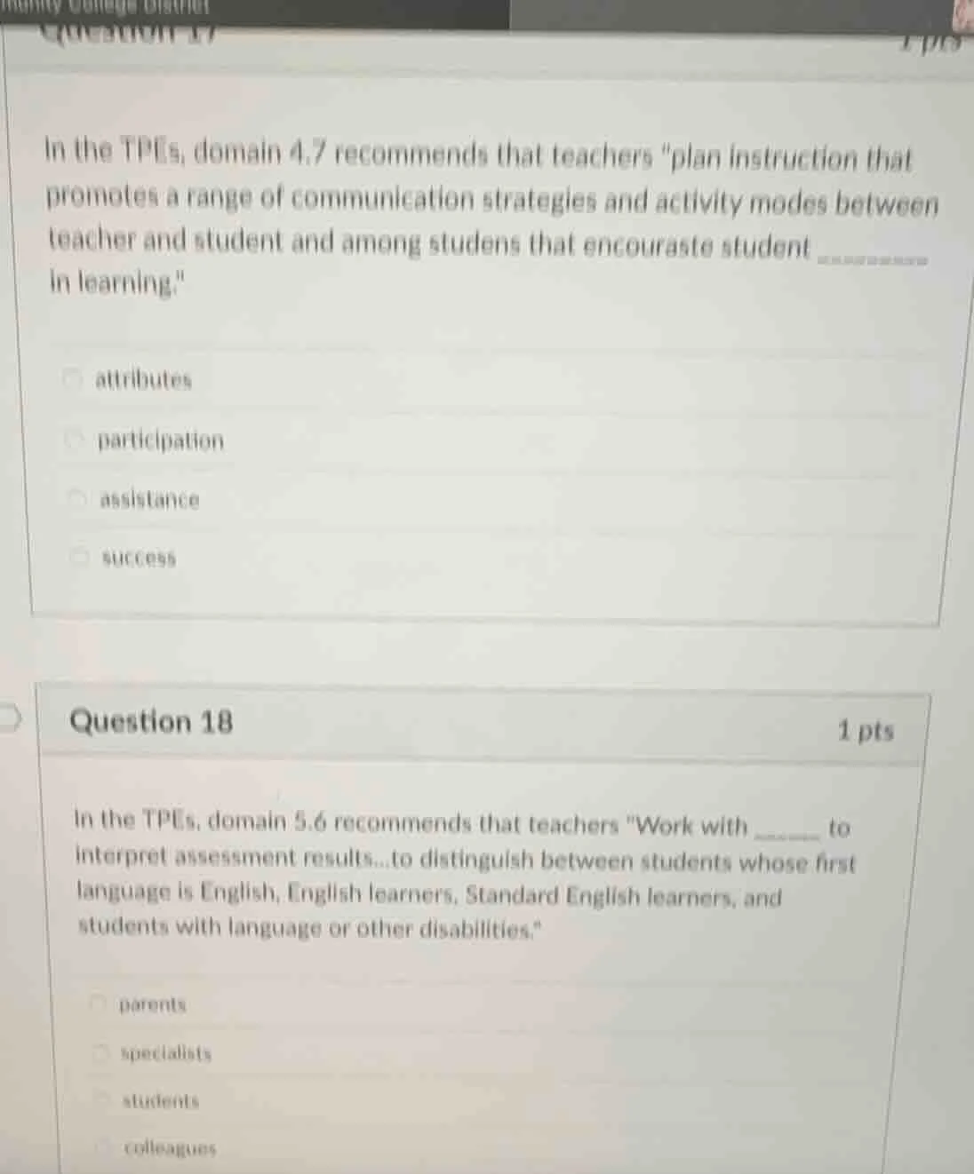 in the tpes, domain 4.7 recommends that teachers \plan instruction that…