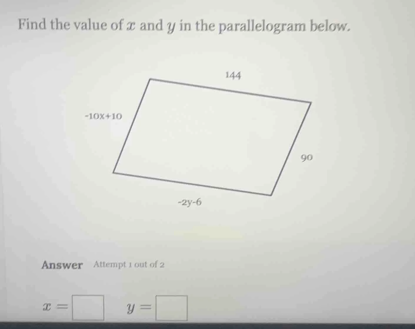 find the value of ( x ) and ( y ) in the parallelogram below. answer at…