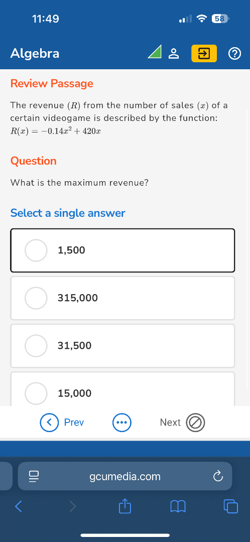 algebra review passage the revenue (r) from the number of sales (x) of …