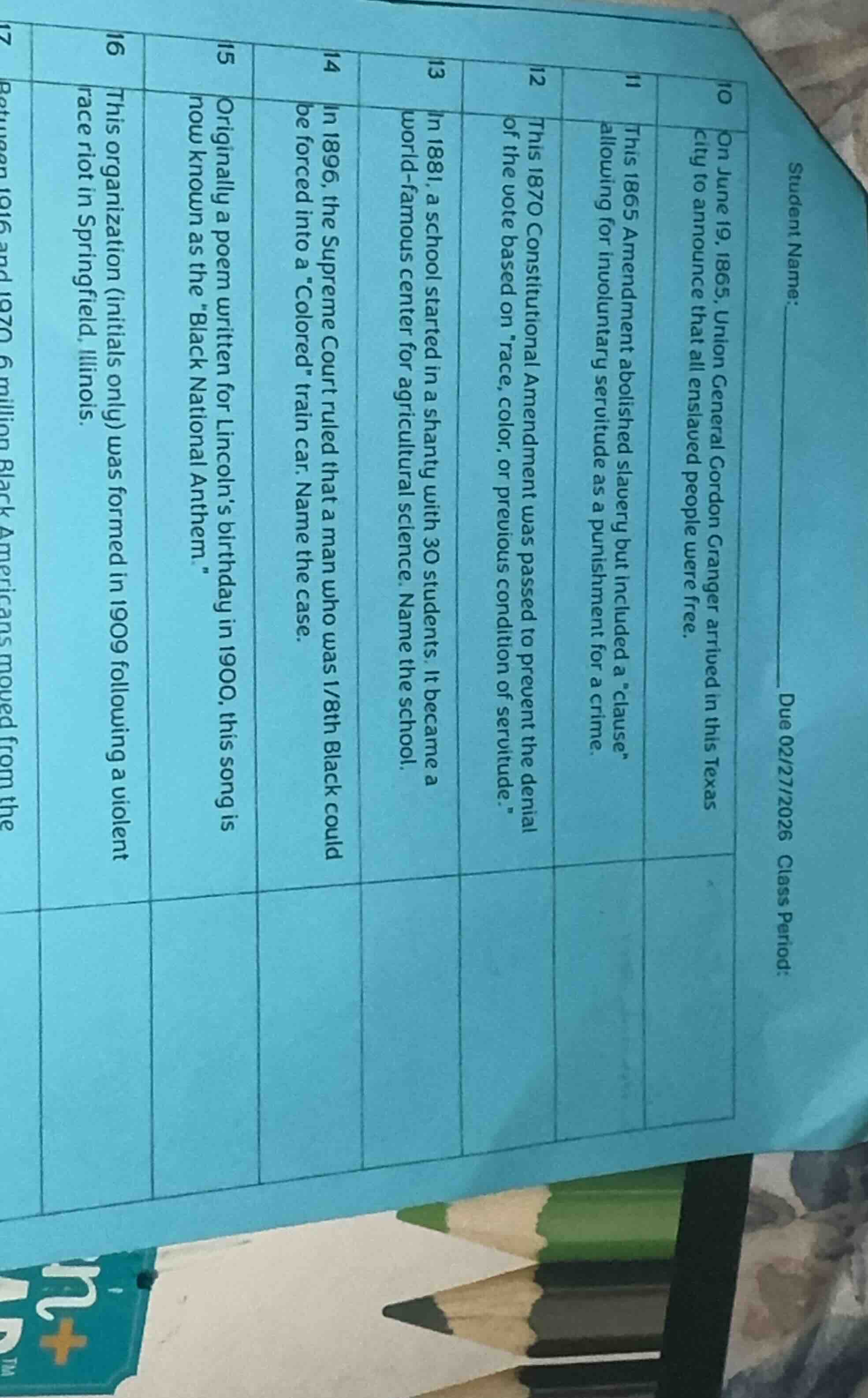 student name: due 02/27/2026 class period: 10 on june 19, 1865, union g…