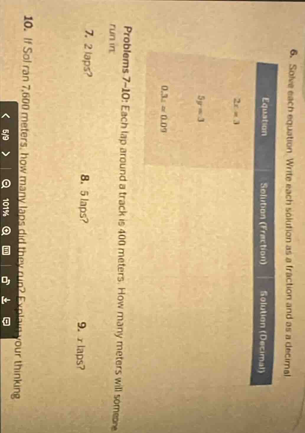 6. solve each equation. write each solution as a fraction and as a deci…