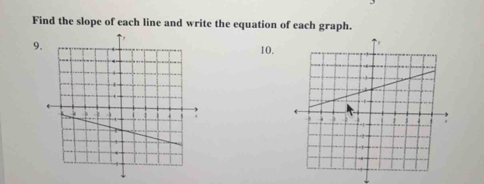 find the slope of each line and write the equation of each graph. 9. 10.