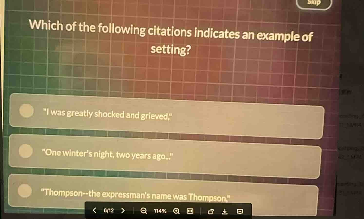 which of the following citations indicates an example of setting? \i wa…