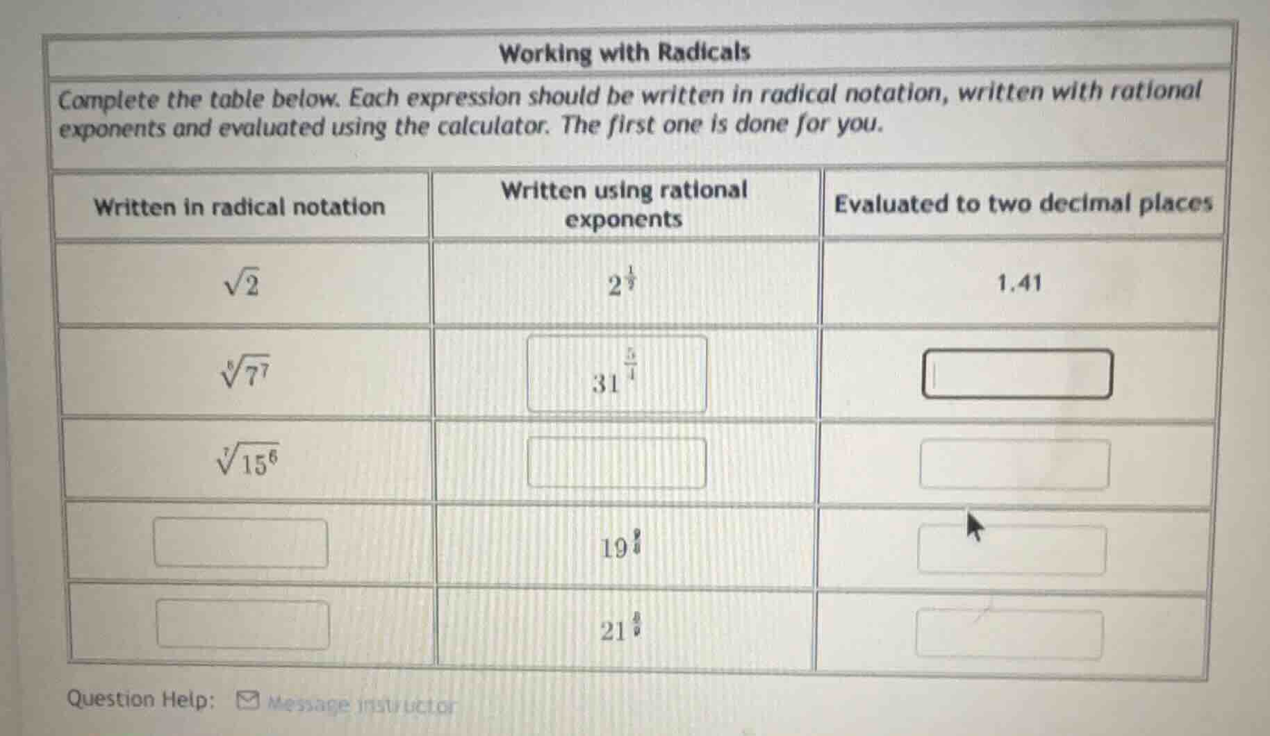 working with radicals complete the table below. each expression should …