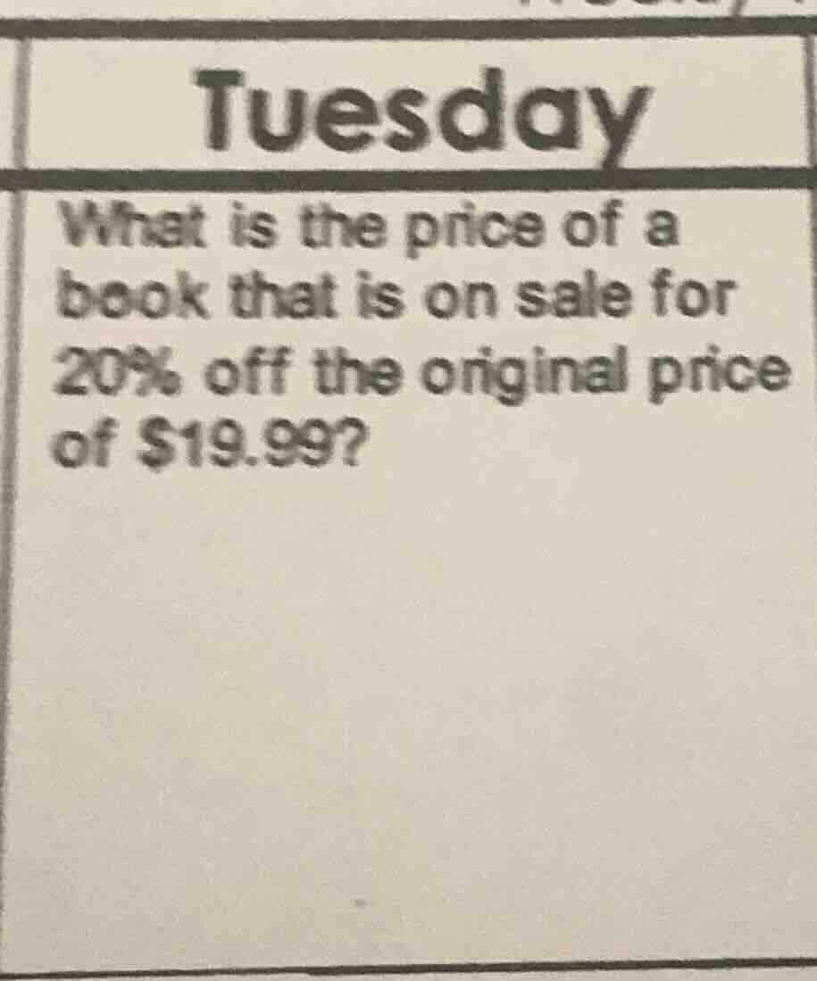 tuesday what is the price of a book that is on sale for 20% off the ori…