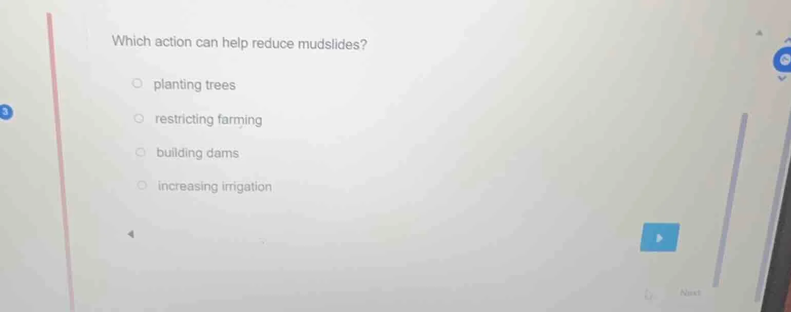 which action can help reduce mudslides?○ planting trees○ restricting fa…