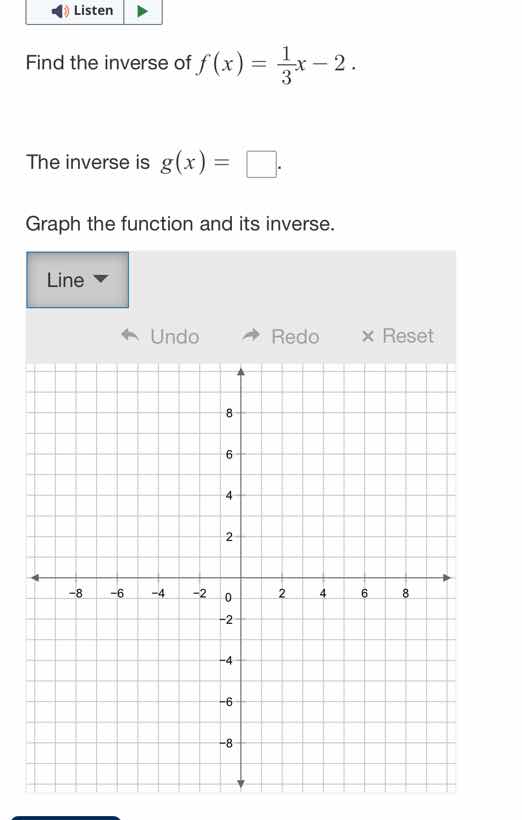 listen find the inverse of $f(x)=\\frac{1}{3}x - 2$. the inverse is $g(…