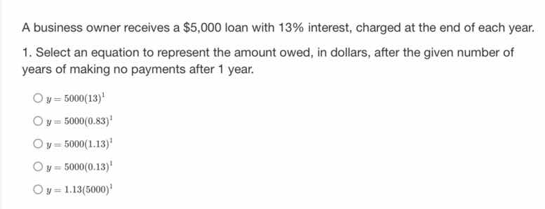 a business owner receives a $5,000 loan with 13% interest, charged at t…