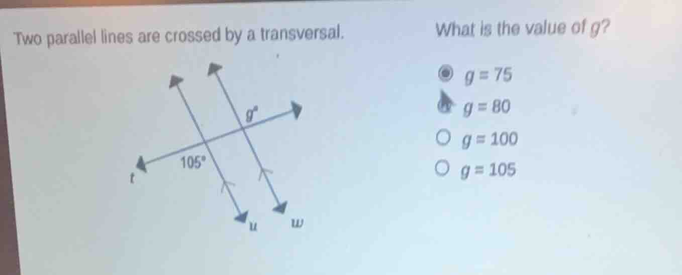 two parallel lines are crossed by a transversal. what is the value of g…