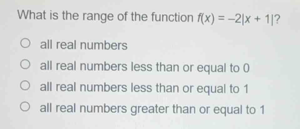 what is the range of the function $f(x) = -2|x + 1|$? all real numbers …